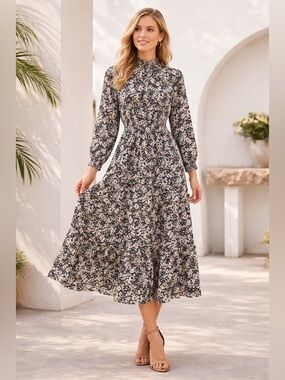 TARI Floral Smocked Midi Dress Black Romantic Tiered Boho Chic Size S